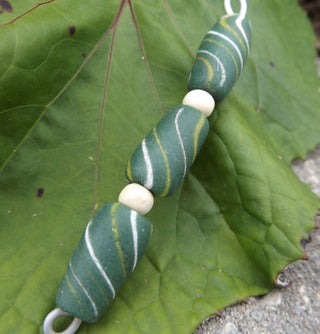 Sand Cast African Recycled Glass (Green Barrel with yellow and white swirls)   *3 Beads - Mhai O' Mhai Beads
