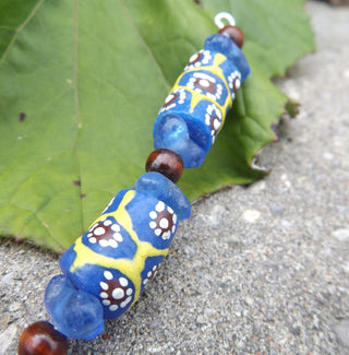 Krobo African Recycled Glass Elbow Beads ( Blue with White, Ruddy and Yellow Pattern)   *2 Beads - Mhai O' Mhai Beads
