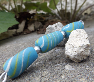 Sand Cast African Recycled Glass (Blue with White and yellow swirl's)   *3 Beads - Mhai O' Mhai Beads
