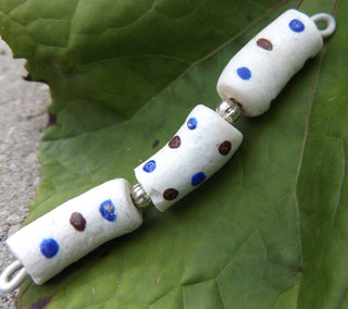 Krobo African Recycled Glass Elbow Beads (White with Blue and Rust Dots)   *3 Beads - Mhai O' Mhai Beads
