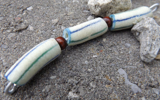 Sand Cast African Recycled Glass (Cream Barrel with Blue and Green Lines)   *3 Beads - Mhai O' Mhai Beads

