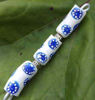 Krobo African Recycled Glass Elbow Beads (White with Blue and Rust Dots)   *3 Beads - Mhai O' Mhai Beads
