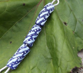 Krobo African Recycled Glass Elbow Beads (Purple with Blue Pattern)   *3 Beads - Mhai O' Mhai Beads

