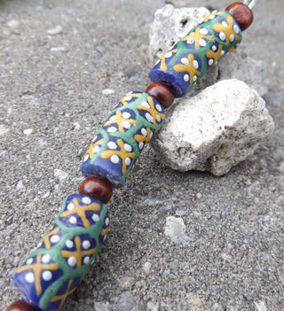 Krobo African Recycled Glass Elbow Beads (Blue with yellow white patterns)   *3 Beads - Mhai O' Mhai Beads
