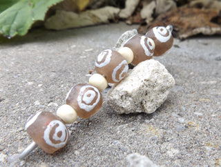 Krobo African Recycled Glass Round  Beads ( Taupe with White Bulls Eye Pattern)   *5 Beads - Mhai O' Mhai Beads
