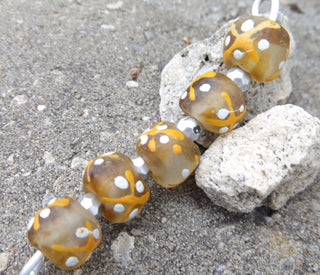 Krobo African Recycled Glass Round  Beads (Amber with Orange and White Accents)   *5 Beads - Mhai O' Mhai Beads
