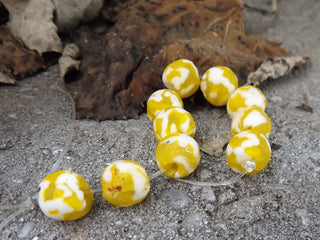 Sand Cast African Recycled Glass Rounds  (white and Yellow) * 10 Beads - Mhai O' Mhai Beads
