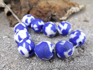 Sand Cast African Recycled Glass Rounds  (Blue and White) * 10 Beads - Mhai O' Mhai Beads
