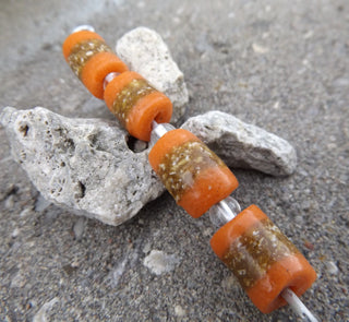 Sand Cast African Recycled Glass Barrel  (Orange and Tan) * 4 Beads - Mhai O' Mhai Beads
