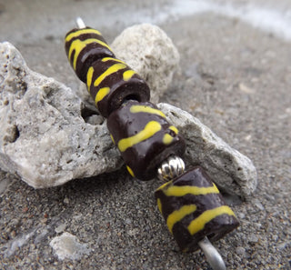 Krobo African Recycled Glass Barrel  Beads (Brown with YellowTiger Accent Stripes)   *4 Beads - Mhai O' Mhai Beads
 - 1