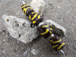 Krobo African Recycled Glass Barrel  Beads (Brown with YellowTiger Accent Stripes)   *4 Beads - Mhai O' Mhai Beads
 - 2