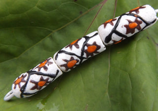 Krobo African Recycled Glass Elbow Beads (White with Sun and Stripes)   *3 Beads - Mhai O' Mhai Beads
