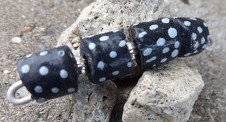 Krobo African Recycled Glass Barrel Beads (Black with Blue Dots)   *4 Beads - Mhai O' Mhai Beads
