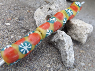 Krobo African Recycled Glass  Barrel Beads (Yellow with Red Green and White)   *3 Beads - Mhai O' Mhai Beads
