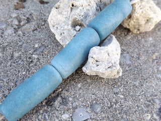Sand Cast African Recycled Glass Barrel  (Blue) * 3 Beads - Mhai O' Mhai Beads
 - 1