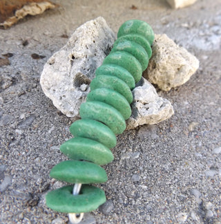 Sand Cast African Recycled Glass Disc Beads  (Green) * 12 Beads - Mhai O' Mhai Beads
