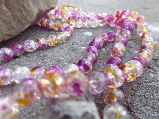 Two Tone  Crackle Glass Round Bead Strands, Fuschia and Yellow, 8~9mm, Hole: 1mm; about 54 Beads Per strand - Mhai O' Mhai Beads
 - 1