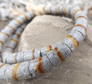 Sand Cast African Recycled Barell Glass (Cement Grey with Brown and Yellow Lines)   *4 Beads - Mhai O' Mhai Beads
