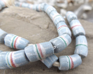 Sand Cast African Recycled Glass (Grey with Green and Red Lines)   *4 Beads - Mhai O' Mhai Beads
