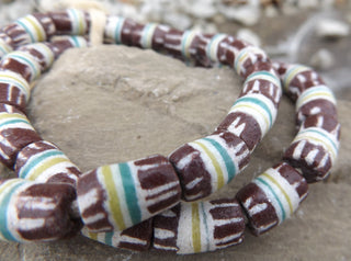 Sand Cast African Recycled Glass (Maroon with Green and Yellow Lines)   *4 Beads - Mhai O' Mhai Beads
