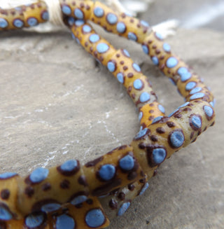 Krobo African Recycled Glass  Barell Beads (Sand with Brown and Perriwinkle Dots)   *6 Beads - Mhai O' Mhai Beads
