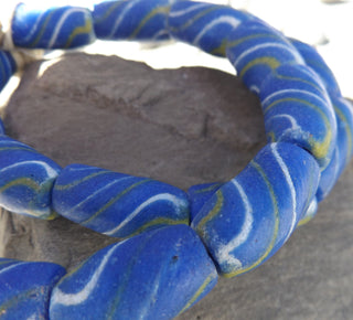Sand Cast African Recycled Glass ( Navy Blue with White and yellow swirl's)   *3 Beads - Mhai O' Mhai Beads
 - 1