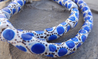 African Sand Hand Painted Glass Tube Beads (White with Blue Dots and Dark Specks)  *4 beads - Mhai O' Mhai Beads
