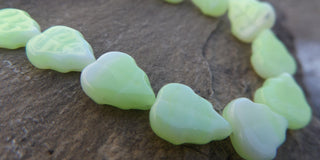 Czech Fire  Glass LEAF Beads in Spring Green and Creamy White  *25 Beads - Mhai O' Mhai Beads
 - 1