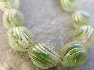 Czech  Glass Beads (bean shape) in Green with Gold Stripe AB *15 Beads - Mhai O' Mhai Beads
 - 2