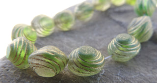 Czech  Glass Beads (bean shape) in Green with Gold Stripe AB *15 Beads - Mhai O' Mhai Beads
 - 1