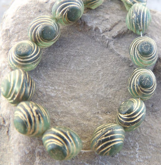 Czech  Glass Beads (bean shape) in Deepest Green with Gold Stripe AB *15 Beads - Mhai O' Mhai Beads
 - 2