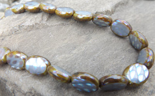 Czech Glass Oval Square (Natural Edge, Smoky Blue with Metallic Pattern) 9 x 10mm *10 Beads - Mhai O' Mhai Beads
 - 1