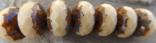 Czech Rondelle Fire Polish Glass Beads *Cream with Brown with Blue Specs  15 mm diam (7 beads) - Mhai O' Mhai Beads
 - 1