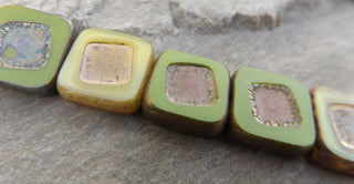 Czech Table Cut Glass Square Beads (Shades of Green with Metallic Accent) 13 x 13  (5 Beads) - Mhai O' Mhai Beads
 - 1