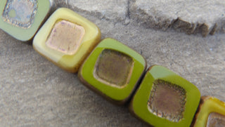 Czech Table Cut Glass Square Beads (Shades of Green with Metallic Accent) 13 x 13  (5 Beads) - Mhai O' Mhai Beads
 - 2