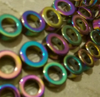 Hematite (Holed Vivid Electroplated Donuts) See Drop Down for Size Options (Non Magnetic)  15" Strand