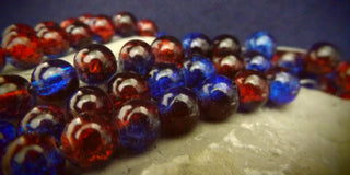 Glass (Crackle) Rounds *Two Tone Blue/Red Rounds. 8mm  16" Strand (approx 54 Beads)