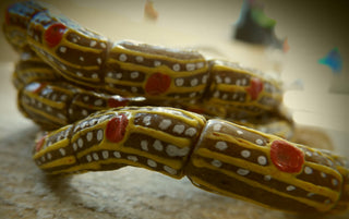 African Hand Painted Glass Tube Beads (Yellow Strips on Brown with Red Dot)  *3 beads