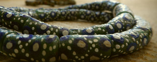African Hand Painted Glass Tube Beads (Green Base with Blue and White Dottage)  *3 beads
