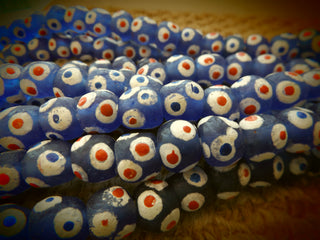 Krobo African Recycled Glass Round  Beads (Blue with White Dots and Blue/Red Centers)   *5 Beads