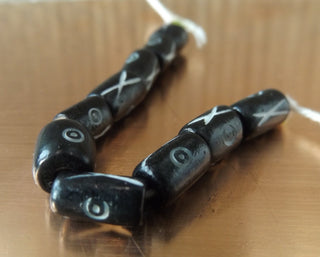 Bone Beads (Bali Indonesia).  *10 Carved Barrel Bone Beads. Black .  Approx 9 x 8 mm in size.