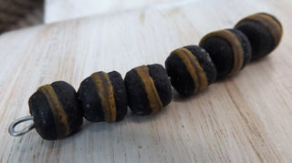 Sand Cast African Recycled Rounded Barell Glass (Black with Yellow and Red Striping)   *6 Beads