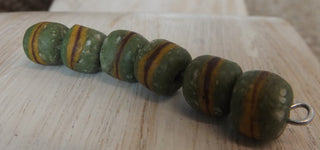 Sand Cast African Recycled Rounded Barrell Glass (Grass Green with Yellow and Red Striping)   *6 Beads