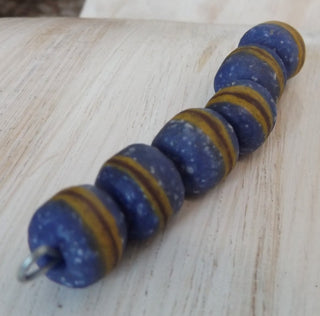 Sand Cast African Recycled Rounded Barrell Glass (Denim Blue with Yellow and Red Striping).   *6 Beads