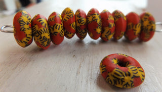 African Recycled Glass (Okata Beads)  * Red, Yellow and black  (15mm Diam Size)  *10 Beads