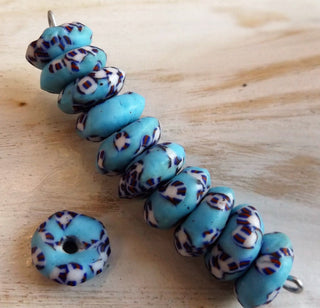African Recycled Glass (Okata Beads)  * Soft Blue/ Red/ White/ Black   (15mm Diam Size)  *10 Beads