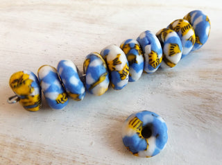 African Recycled Glass (Okata Beads)  * White / Blue / Yellow and Black  (15mm Diam Size)  *10 Beads