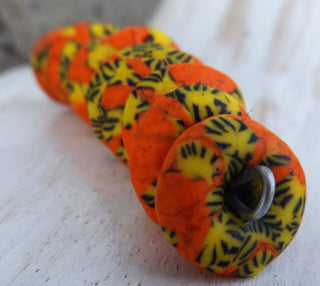 African Recycled Glass (Okata Beads)  * Orange/Yellow/ Black  (15mm Diam Size)  *10 Beads