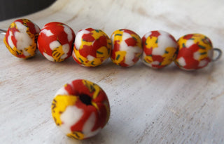 Sand Cast African Recycled Rounded Designed Glass (Red, White and Yellow).   *6 Beads