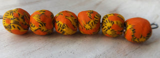 Sand Cast African Recycled Rounded Designed Glass (Orange with Yellow and Black).   *6 Beads